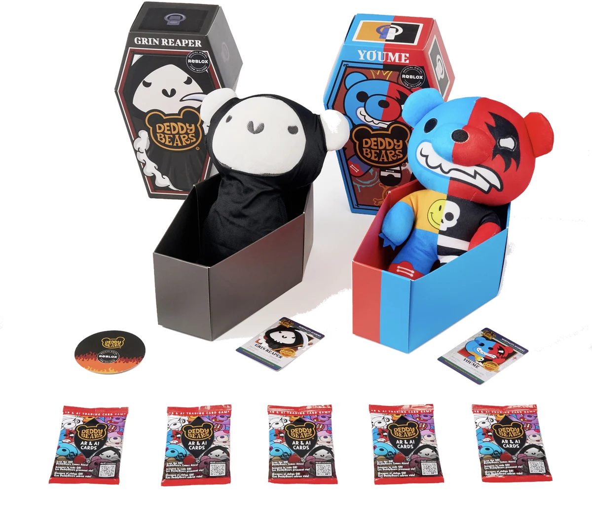 Two Deddy Bears plush in their coffins with five AR/AI trading card packs
